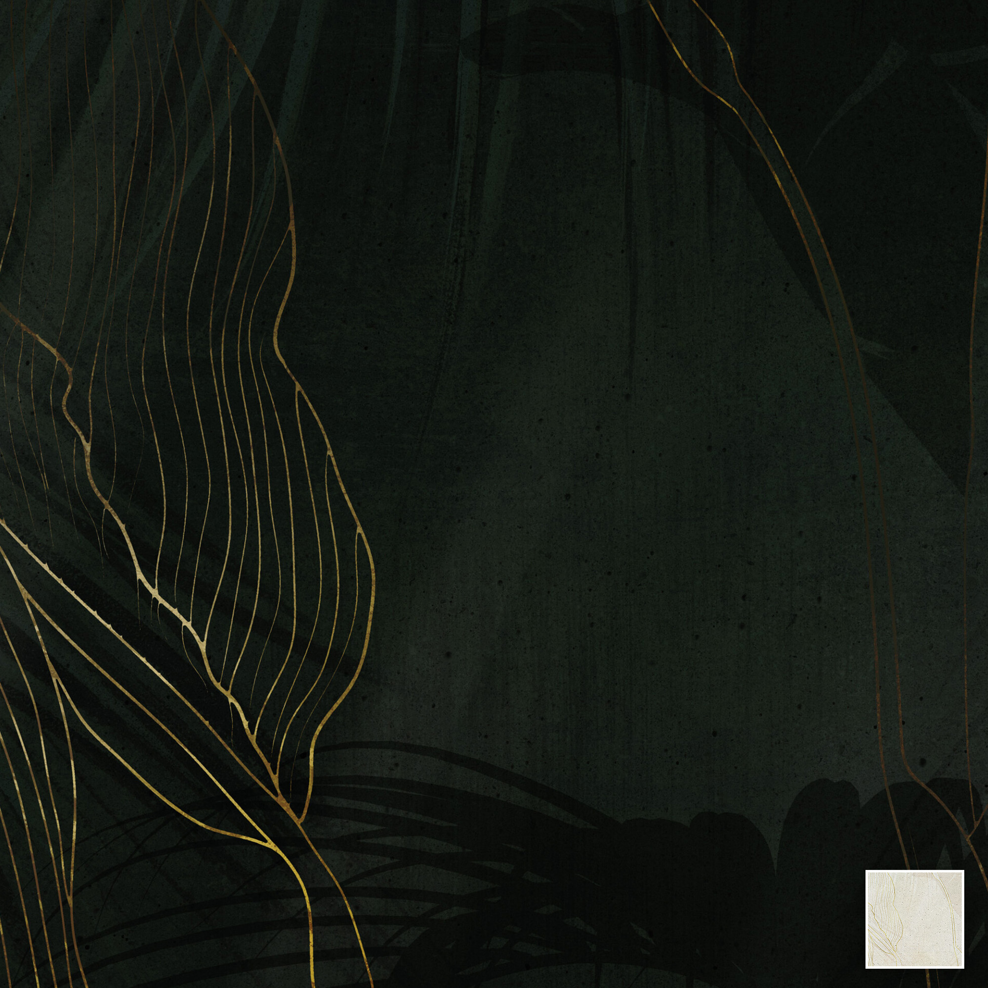 Dunkle Tapete Gold Flowers Dark mit zarten, golden schimmernden Blätterlinien und natürlichem, elegantem Design