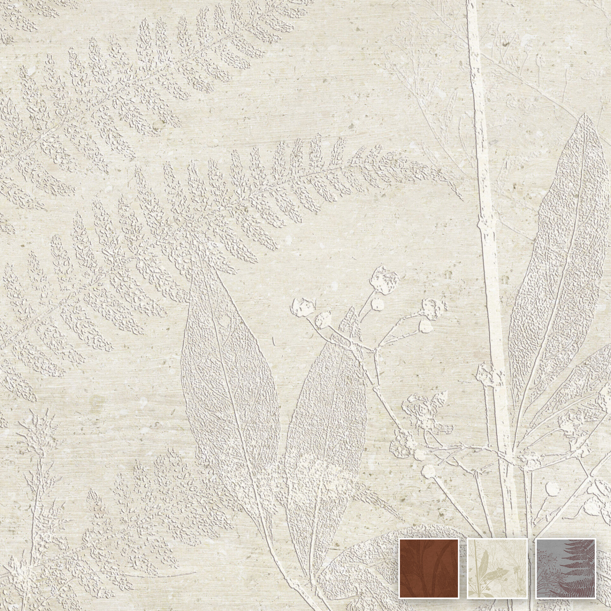 Fein strukturierte Blätter und filigrane Zweige bilden auf beigem Grund das elegante Tapetenmuster Divine Garden Beige.