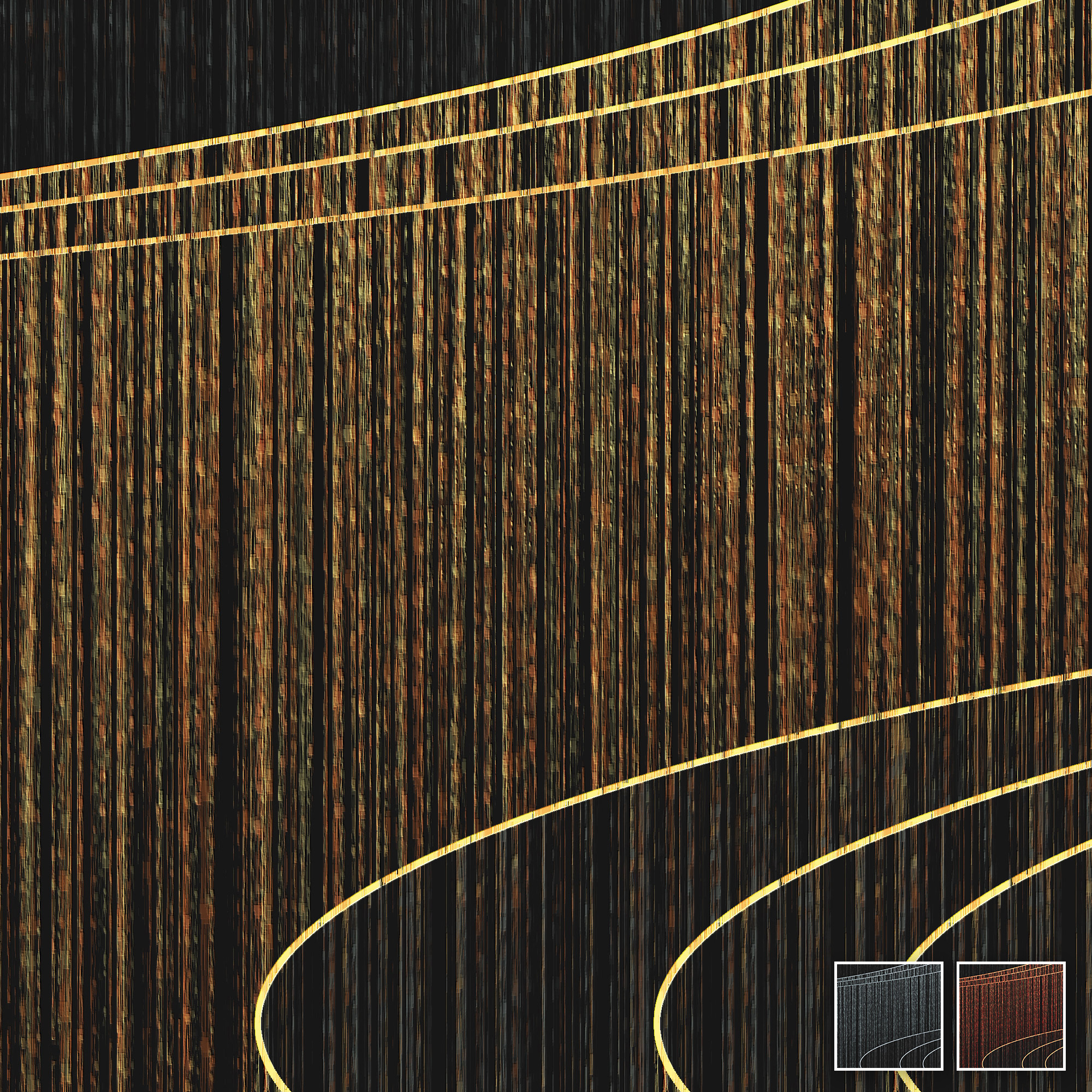 Goldene geschwungene Linien ziehen sich durch eine dunkle, vertikal strukturierte Wandgestaltung von Waves Gold.