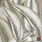 Filigrane Blätter in Grün, Creme und Braun überlagern sich im Design Falling Leaves Summer mit feinen Schraffuren.