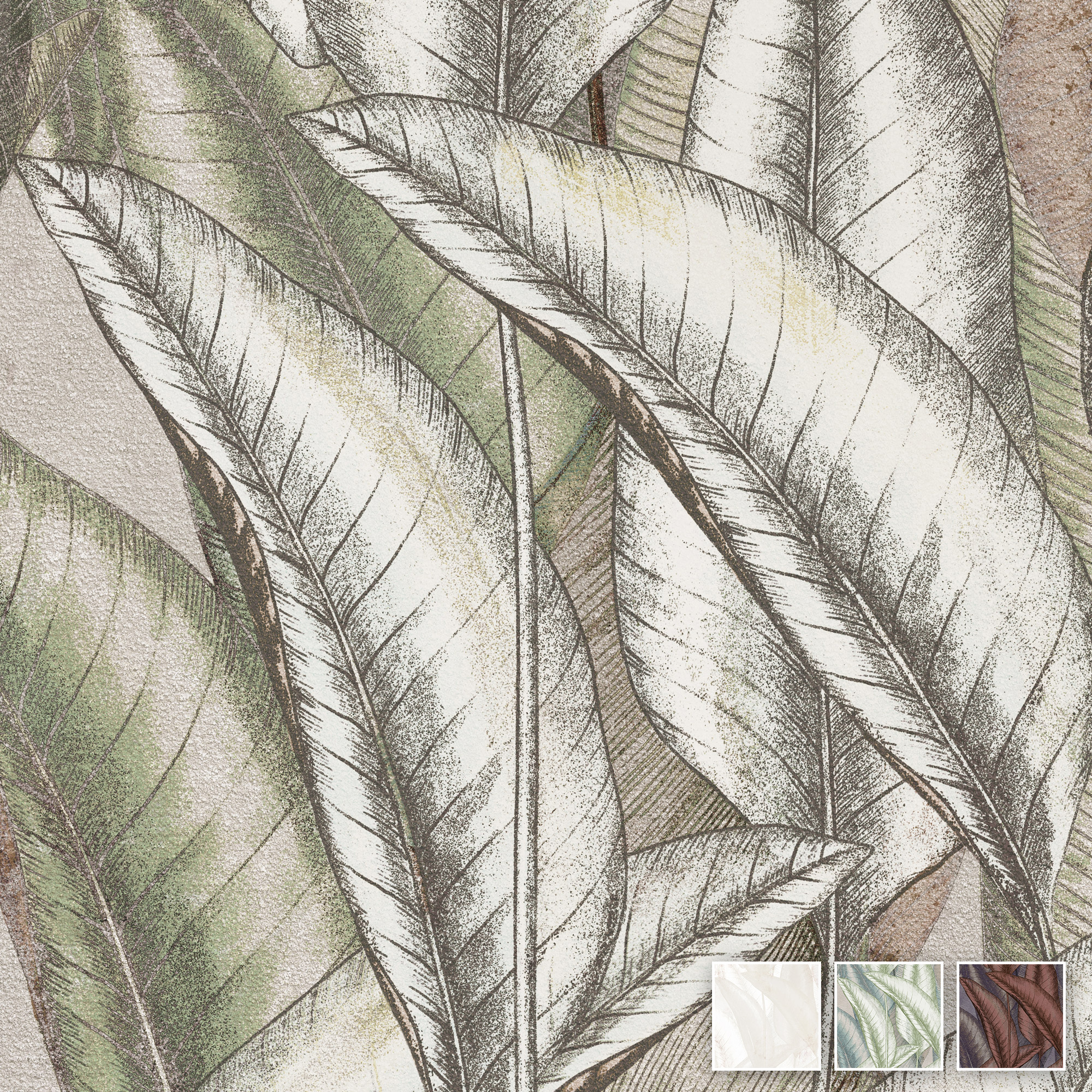 Filigrane Blätter in Grün, Creme und Braun überlagern sich im Design Falling Leaves Summer mit feinen Schraffuren.