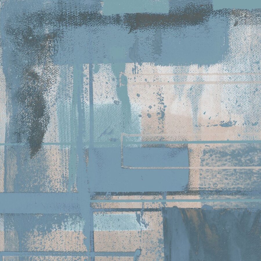 Abstrakte Blau-Ton Komposition von Roswitha Huber, Teil der Liquids Dripping Greyblue Tapeten-Kollektion, abstrakt gemalt mit verschiedenen Blautönen und Strukturen