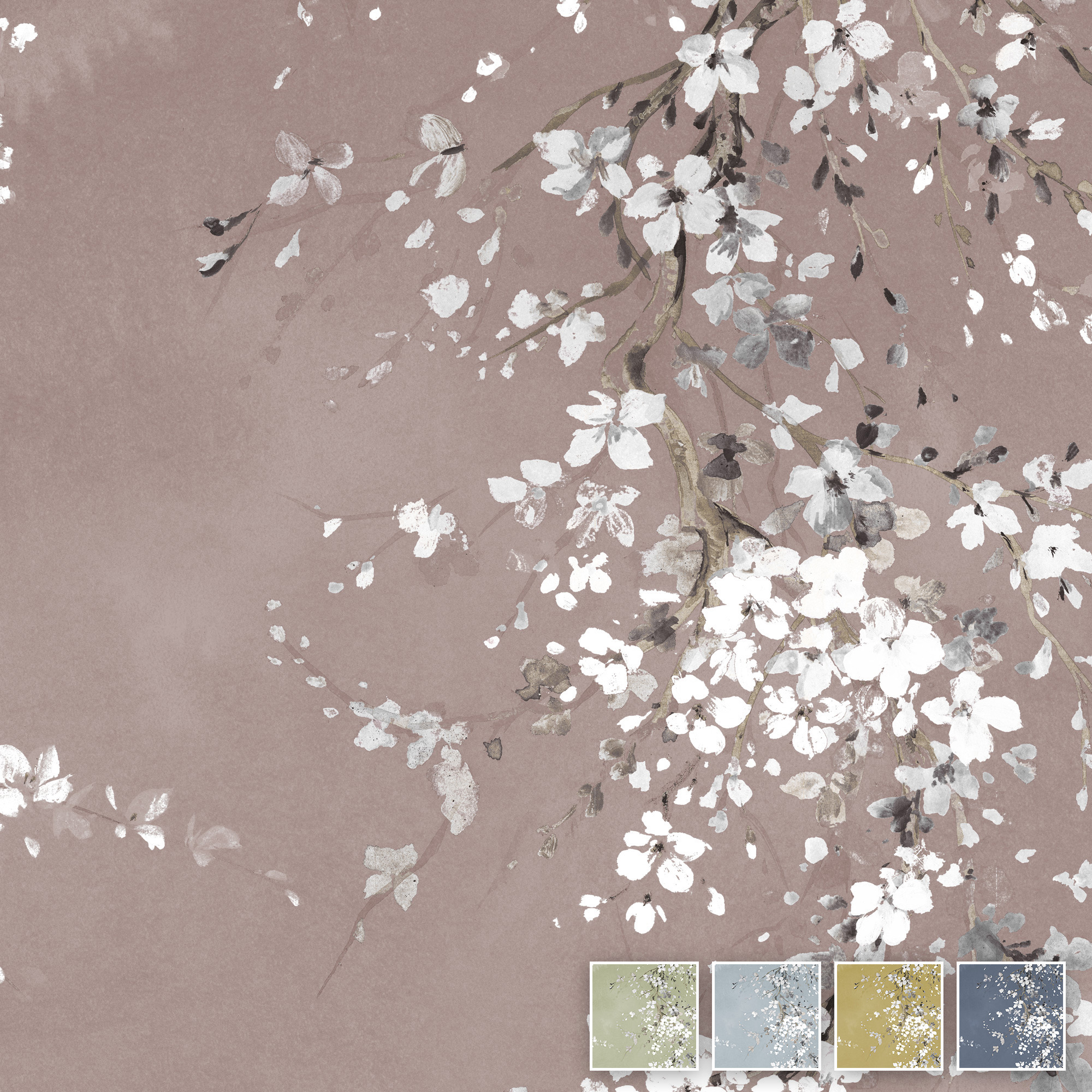 Zarte weiße Blütenzweige entfalten sich auf der altrosa Tapete Sea of Blossoms und erzeugen eine vielschichtige, gemalte Optik.