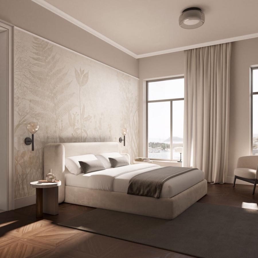 Divine Garden Beige Tapete mit feinem Blattmuster, beige Farbtöne und helle Akzente im Schlafzimmer, präsentiert von k'moor walldesign – Ambience Kollektion