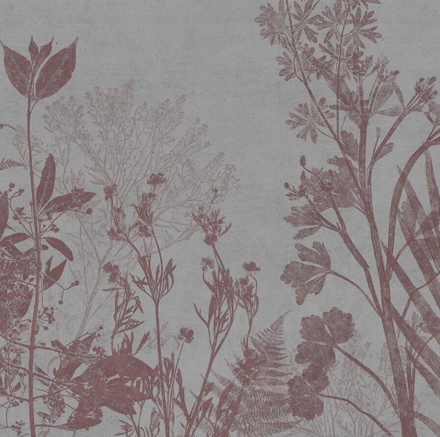 Divine Garden Grey-Red: botanische Silhouetten von Gräsern und Blattwerk in rotem Farbton auf grauem Hintergrund, Tapetenmuster von k'moor walldesign