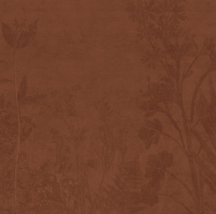 Healing Harvest braune, texturierte Tapete mit feinen Blattmotiven, passend zu Divine Garden Cotto von k'moor walldesign
