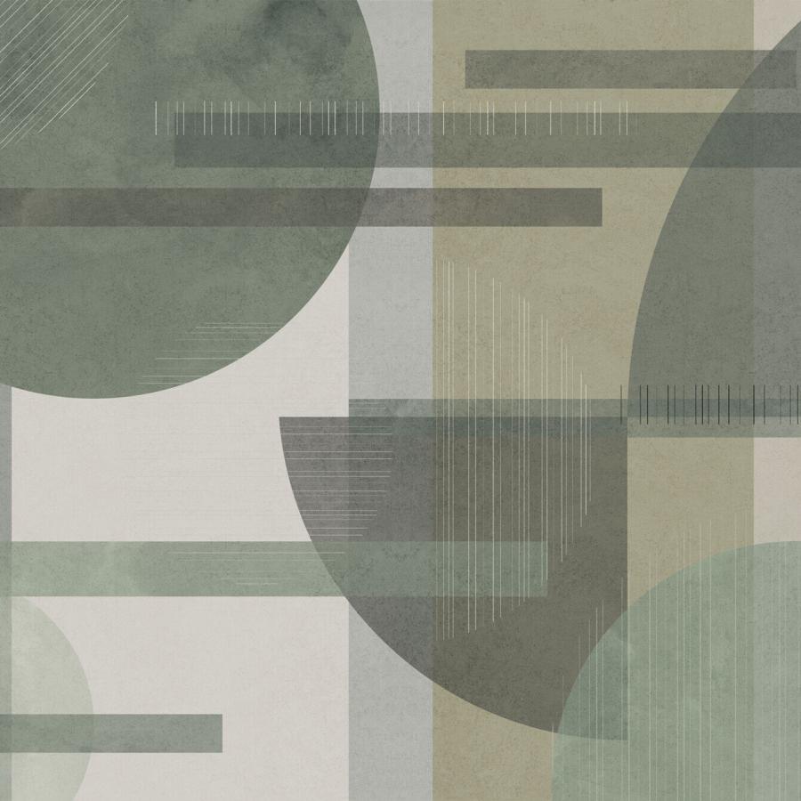 Geometrische Wandtapete in Salbei-Grüntönen von k'moor walldesign, abstrakte Überlagerungen aus Kreisen, Rechtecken und feinen Linien, Ambience Produktseite