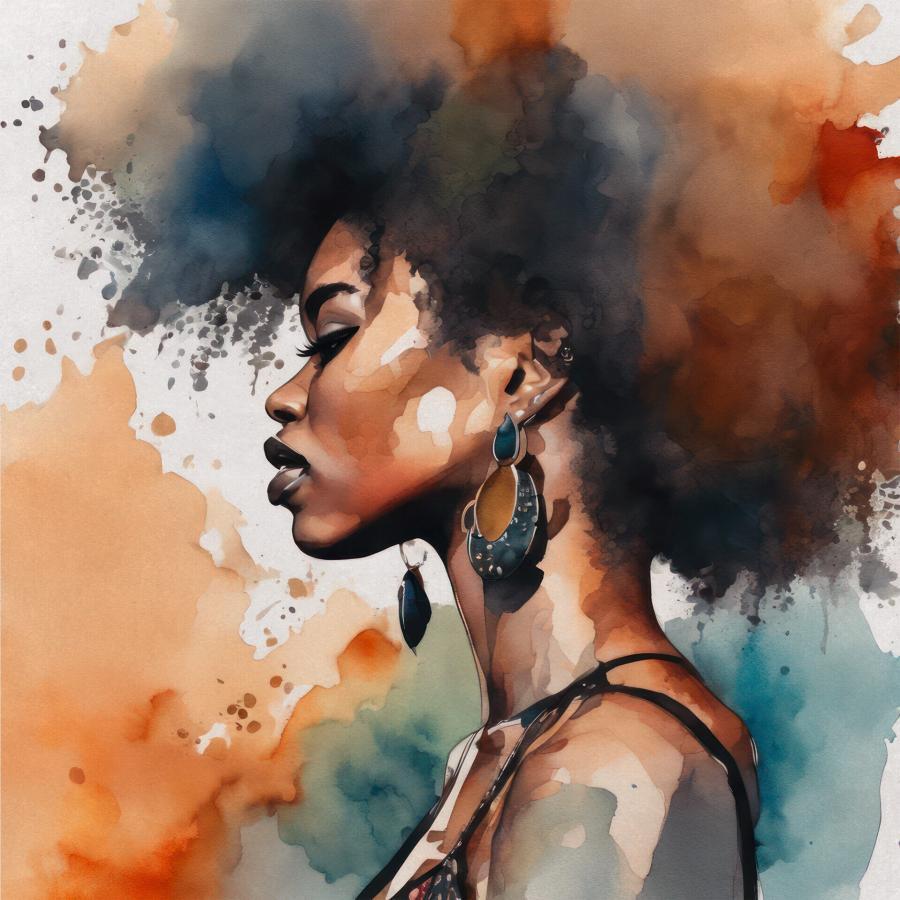 Aquarellartige Illustration einer Frau in Profilansicht mit großem Afro-Haar, farbintensive Blaue, Orange und Brauntöne, passende Ohrschmuck-Details