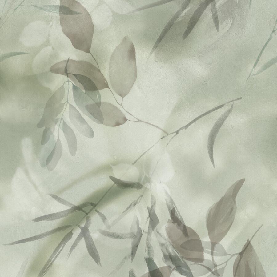 Kaindy Verde Wandtapete mit zartem Blättermuster in grün und grau, Designed by k'moor walldesign, Ambience Kollektion