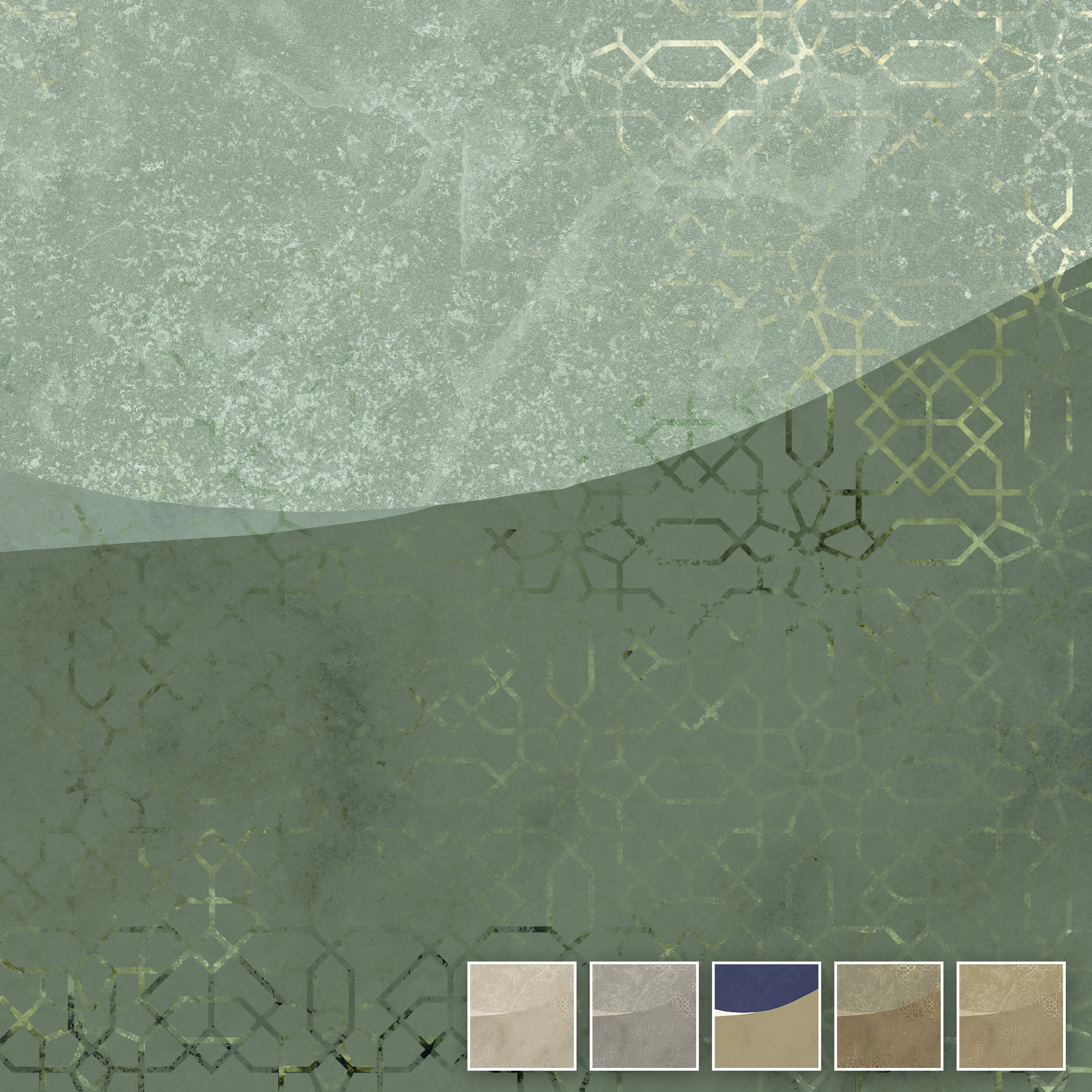 Mehrschichtige Berglandschaft in Petrolgrün mit feiner geometrischer Linienstruktur im Tapetendesign Dunes Petrol