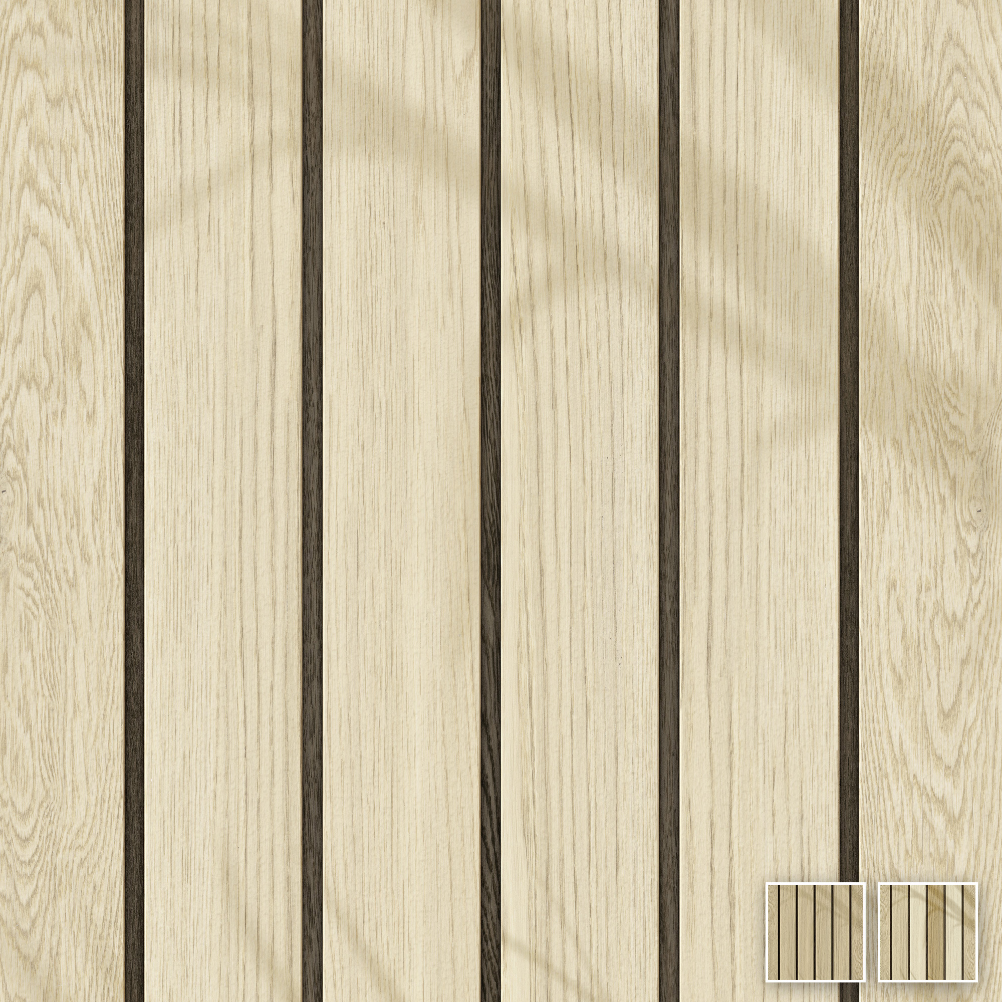 Doghe ontano zeigt helle vertikale Holzflächen mit dunklen Zwischenräumen und einer fein strukturierten, eleganten Optik.