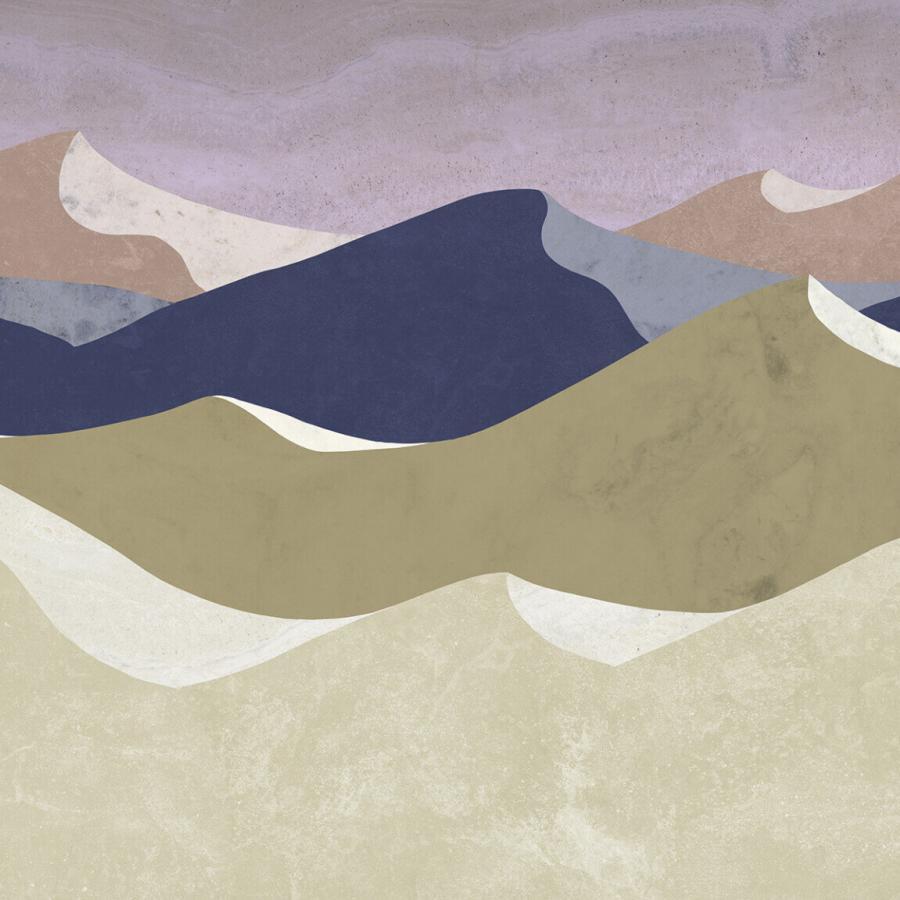 Dunes Meta Tapetenmuster mit mehrschichtig gestalteten Dünen in pastellfarbenen Schichten, beige, lavendel und blaugraue Töne, abstrakte Berglandschaft