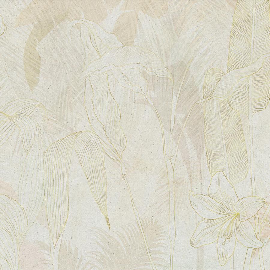 Gold Flowers Light Tapete von k'moor walldesign mit zartem Blätterdesign in goldenem Schimmer vor hellem/beigem Hintergrund, elegantes Naturdesign