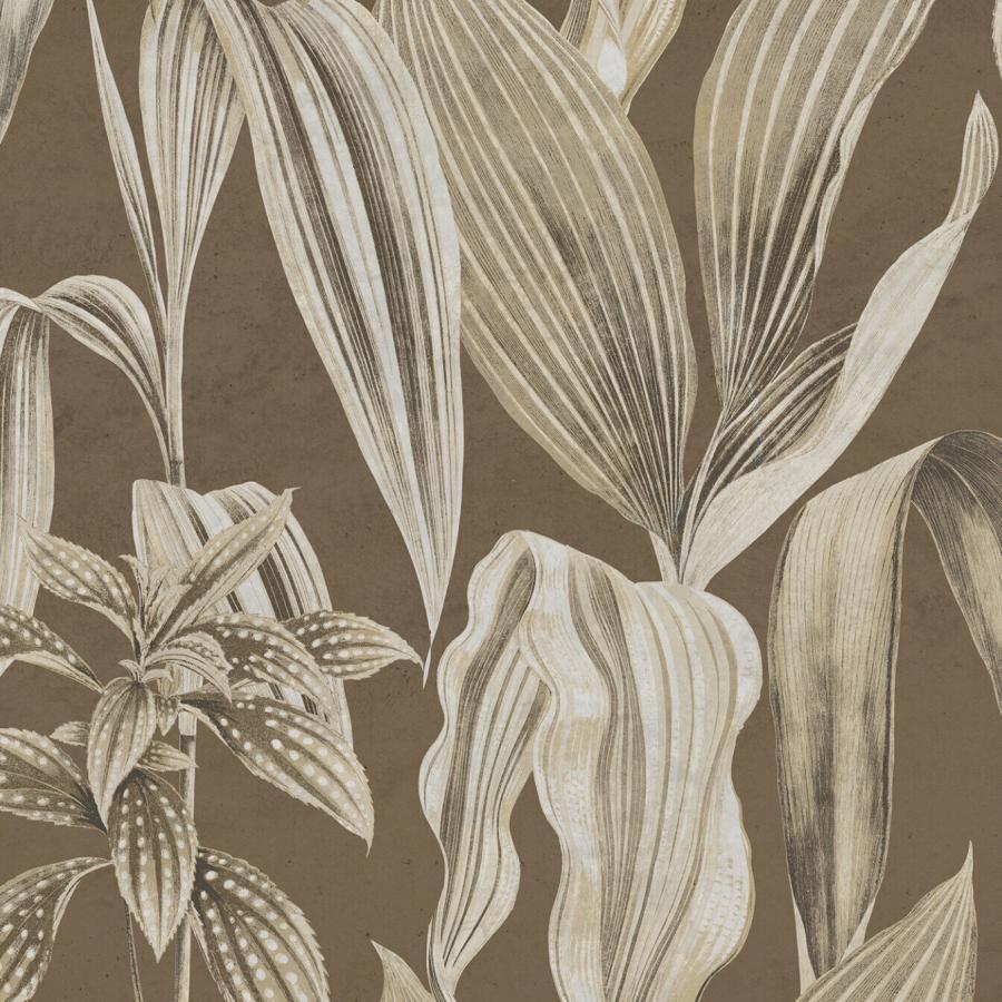 Detailaufnahme eines Tapetenmusters mit großen, beige-braunen Blattformen auf braunem Hintergrund; Botana da Marmoro Schoko