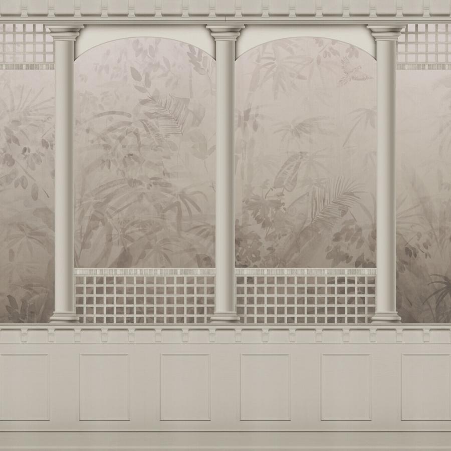 Powerfull Merge Beige von k'moor walldesign, eine beige Tapetenfront mit verschwommenem Blatt- und Pflanzenmuster, von Säulenrahmen und Ornamenten eingerahmt