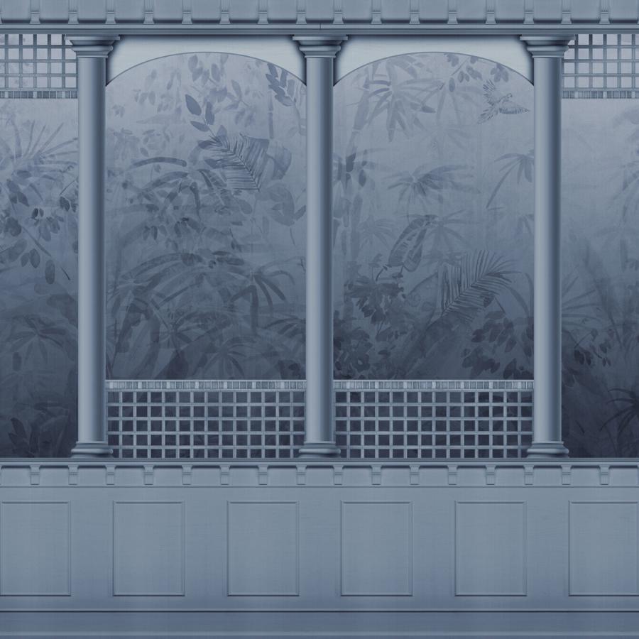 Powerfull Merge Marin Tapetenbild in Blautönen mit ornamentalen Pflanzenmustern und kolonnalen Architekturelementen, influenced by k'moor walldesign Ambience