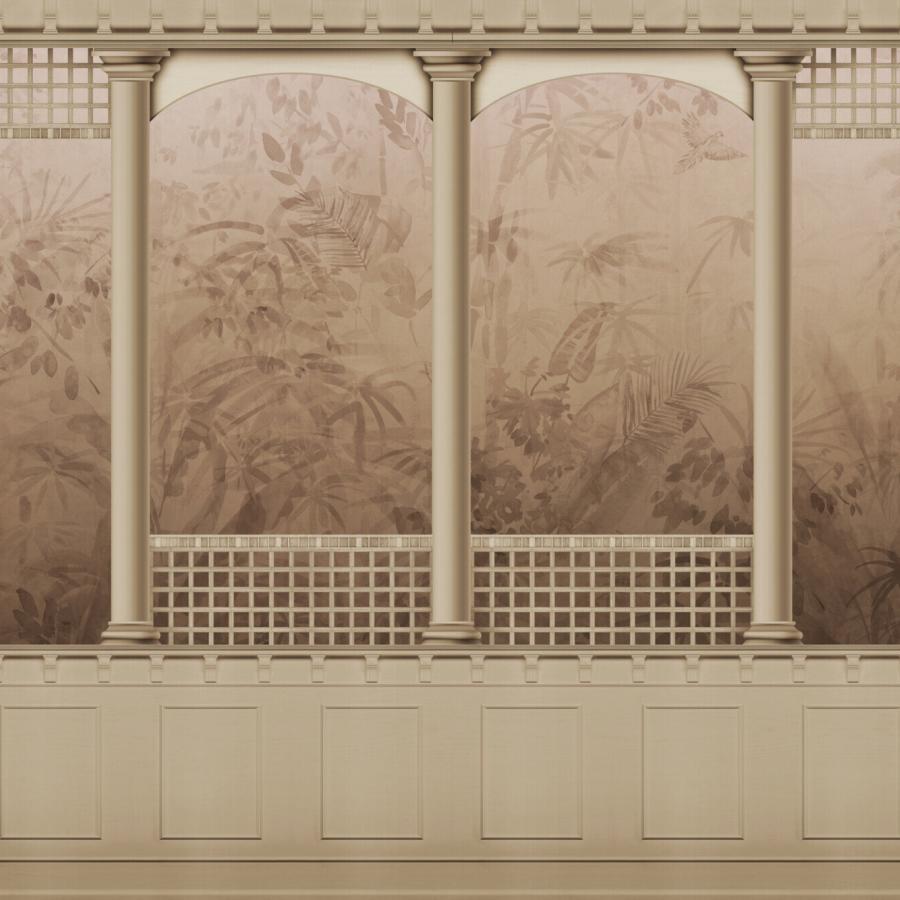 Beige Tapetenwand mit Säulen, bogenförmigen Fenstern und Blattmuster im Hintergrund; Produkt Powerfull Merge Cotto von k'moor walldesign, Ambience Kategorie