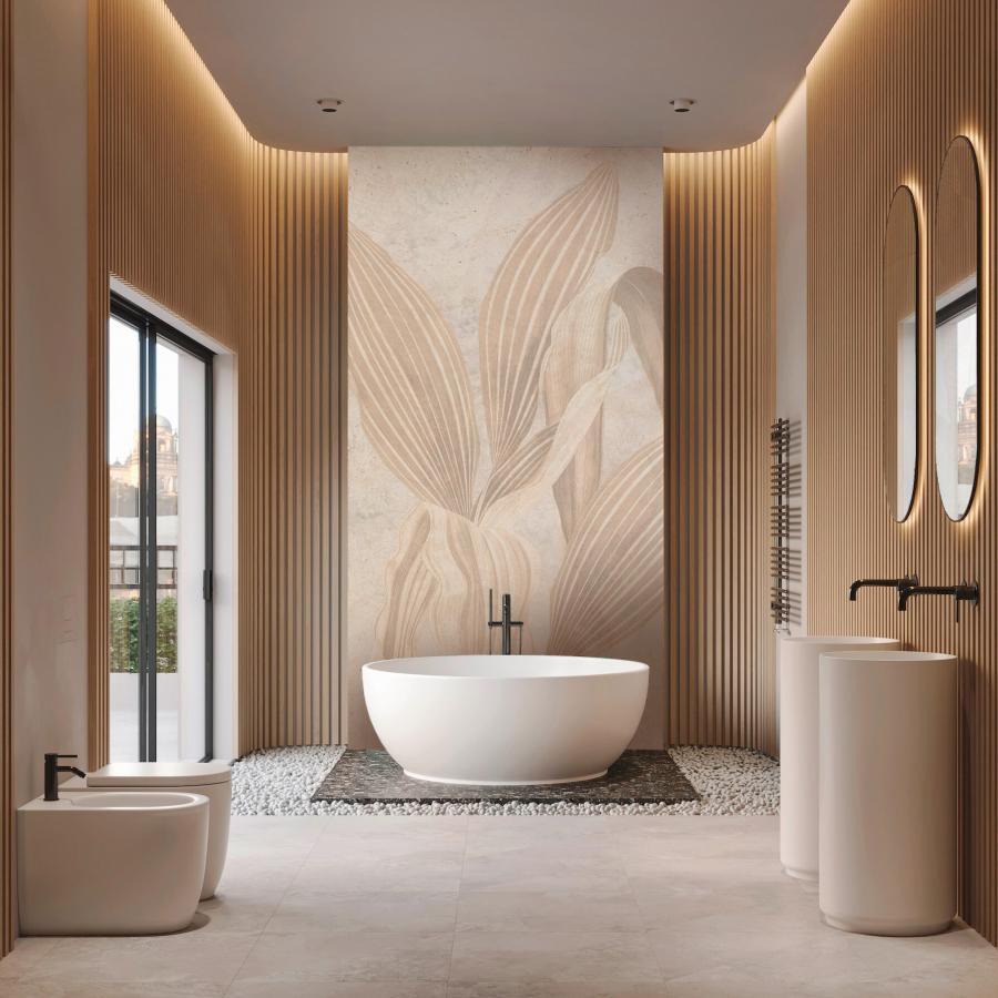 Botana Marmoro Sand Tapete mit großen, sanften Blattmotiven vor steinähnlichem Hintergrund; hochwertige Innenraum-Wandgestaltung für gehobene Räume