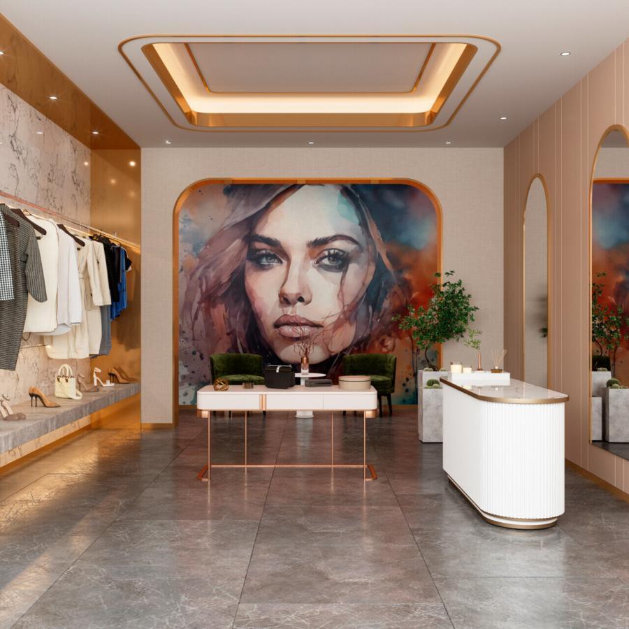 Smokey Tapeten-Design in einer Boutique, roségoldene Akzente, warme Beige-Töne, muralartige Porträt-Wand, stilvolles Display und gehobene Innenausstattung von k'moor walldesign