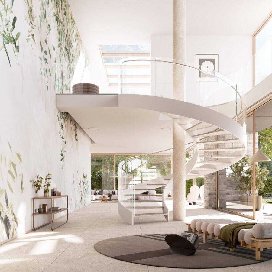 Olivia Calce Interieur: weiße Wände mit Olivenzweig-Muster, spiralförmige Treppe, moderne loungebereiche und große Fensterfronten