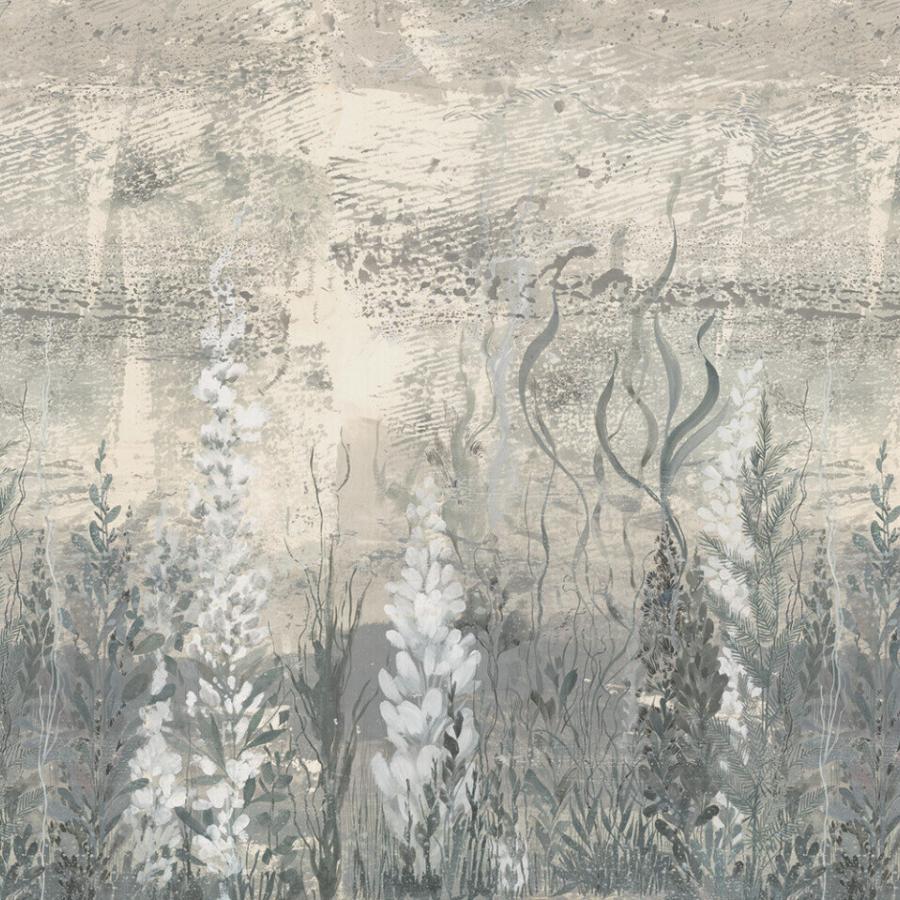 Weed Warm Tapetenmuster von k'moor walldesign mit floralen Schichtmustern, beige und graue Unterwasser-Atmosphäre, abstrakte Textur