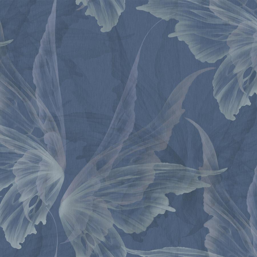 Blaues Tapetenmuster mit leicht translucent Flügeln und Schmetterlingsmotiv, karierten Hintergrund, k'moor Airy Cool Design