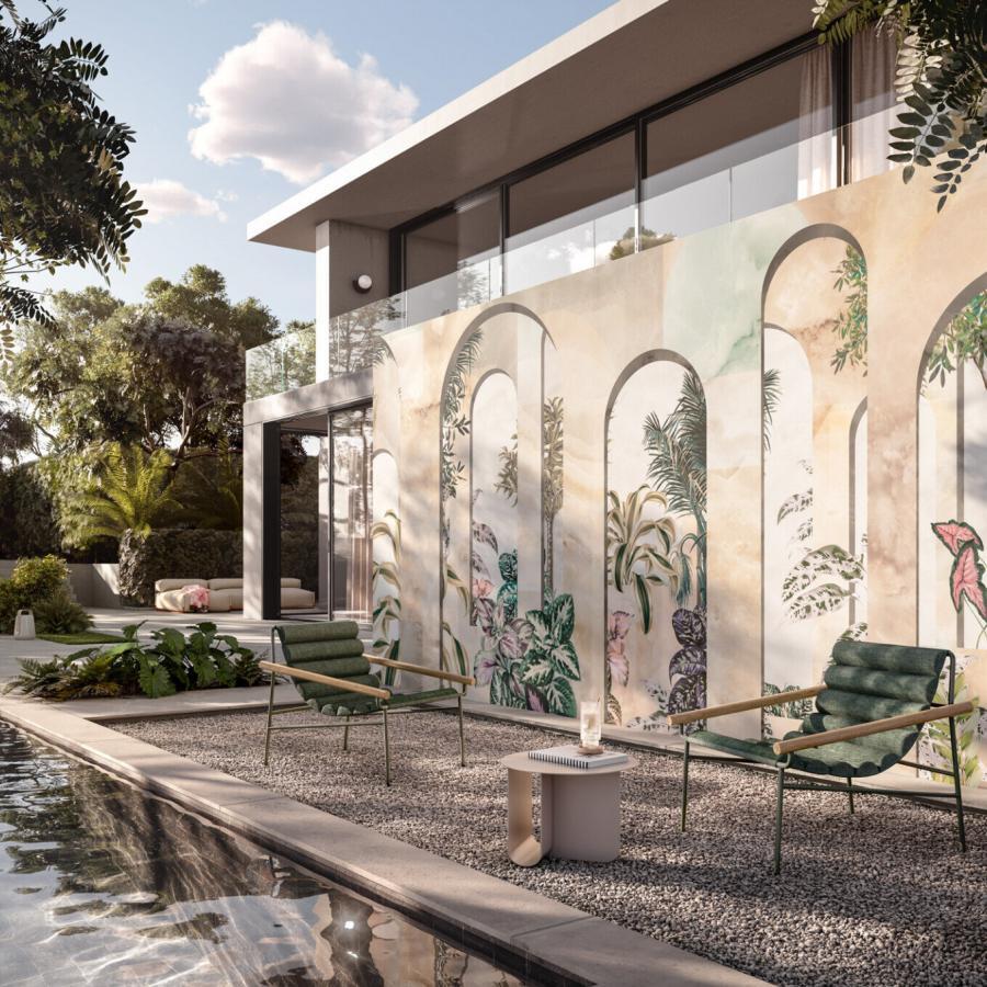 Garden of Eden Interieur-Wanddesign zeigt eine moderne Fassade mit muralartigen Bogennischen, dahinter grüne Pflanzen, Lounge-Möbel und einen Spiegel-Poolbereich