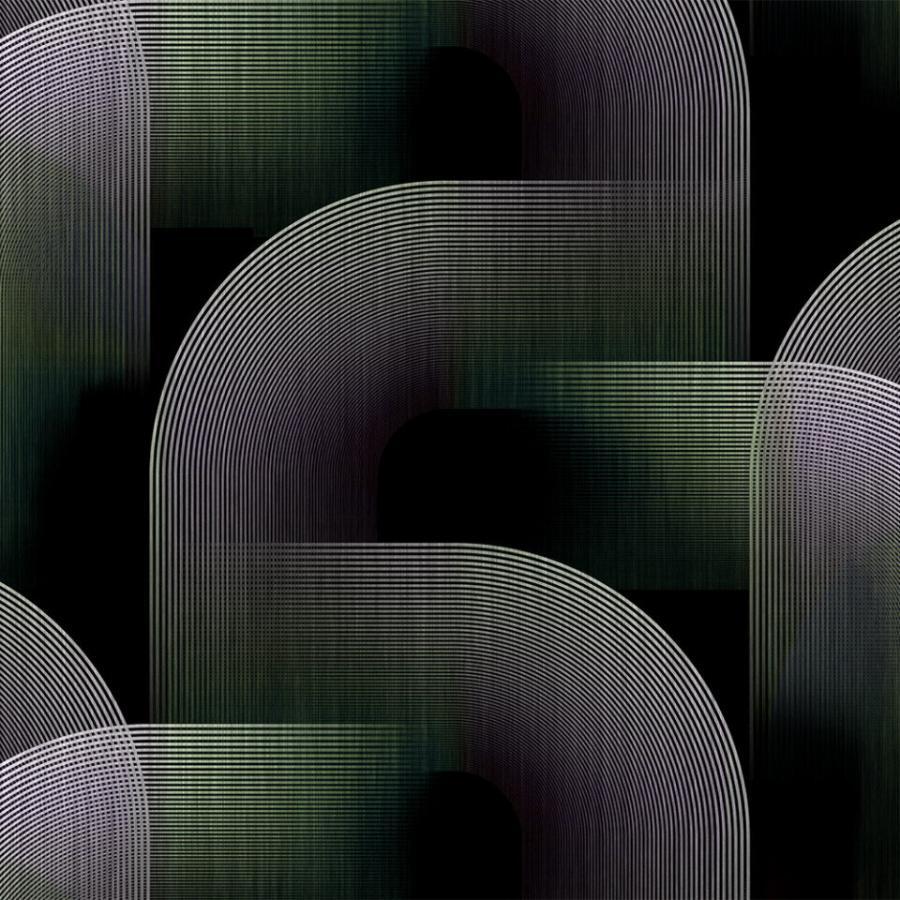 Abstrakte Tapete mit überlappenden konzentrischen Linienbögen in dunklen Grüntönen und Silber, Teil des Groove Funk-Designs von k'moor walldesign