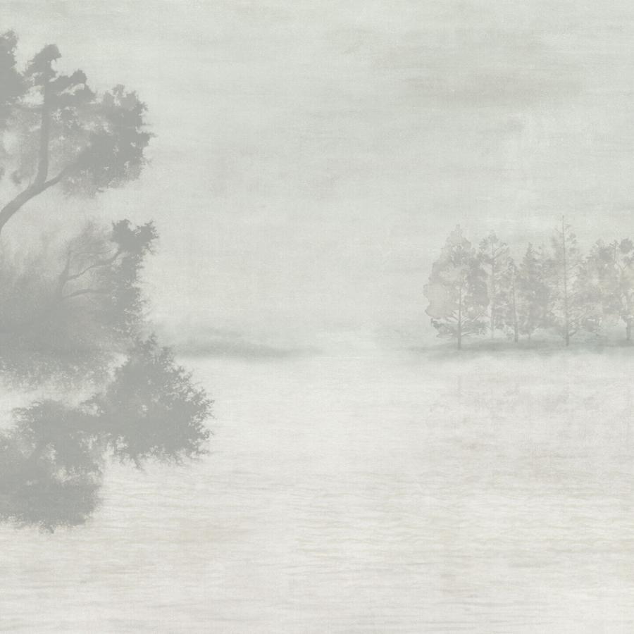 The Lake Green, nebelige grau-weiß gestaltete Landschaft mit ruhigem Wasser und ferner Baumlinie; Wanddesign von k'moor walldesign, hochwertige matte Optik
