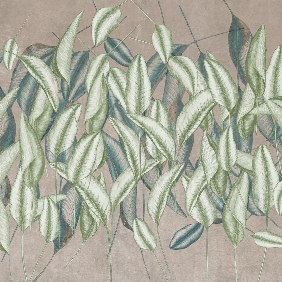 Falling Leaves Spring: Grüne Blätter auf beiger Tapetenoptik, detaillierte Schraffuren und Schatten verleihen der Wandgestaltung eine dreidimensionale Ausstrahlung.