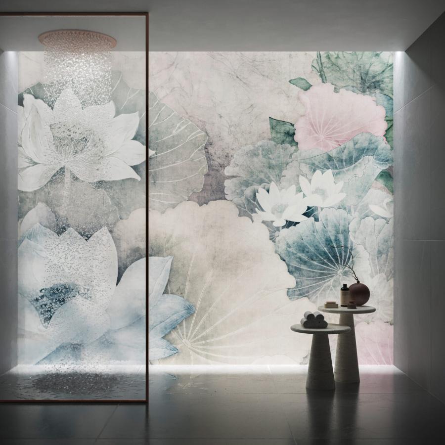 Lotus Zen Wanddesign Motiv mit großen Seerosenblättern in sanften Pastellfarben, vorgestellt als großformatiges Essence-Wandbild von k'moor walldesign