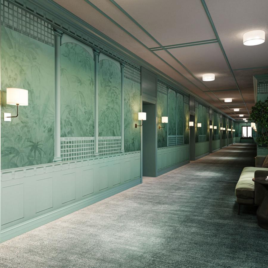 Grüne, gemusterte Tapetenwand der Powerfull Merge Green Kollektion von k'moor walldesign; Hallenflur mit Säulen, Wandleuchten und lounge area