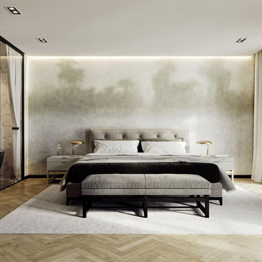 Vague Tropical Tapeten-Look im modernen Schlafzimmerambiente von k'moor walldesign, neutrale Farbtöne in Beige und Grau mit texturierter Wandoptik