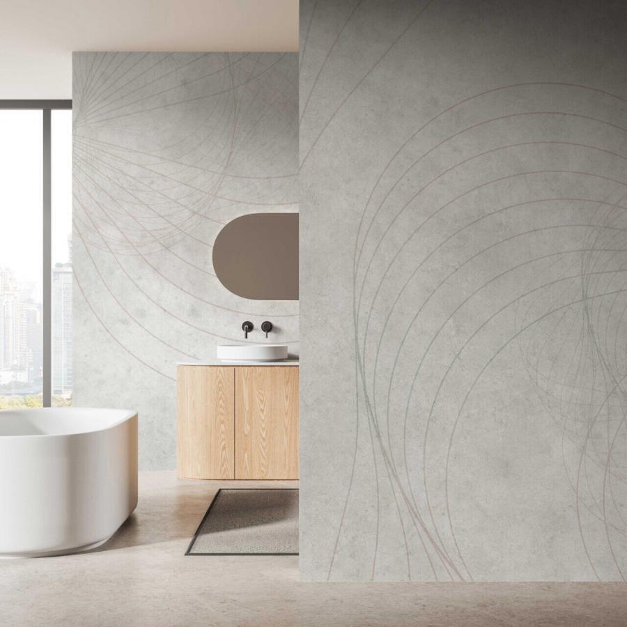 Good Vibrations Innenwand mit grauer Steinoptik und zarten Kreismustern, freigestellter Waschtisch, bad/Innenraum-Design von k'moor walldesign