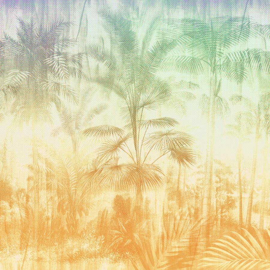 Vintage Jungle Rainbow Wandbekleidung mit Pastellfarbenem Farbverlauf von Blau über Grün zu Gelb, tropische Palmen-Silhouetten als zarte Muster