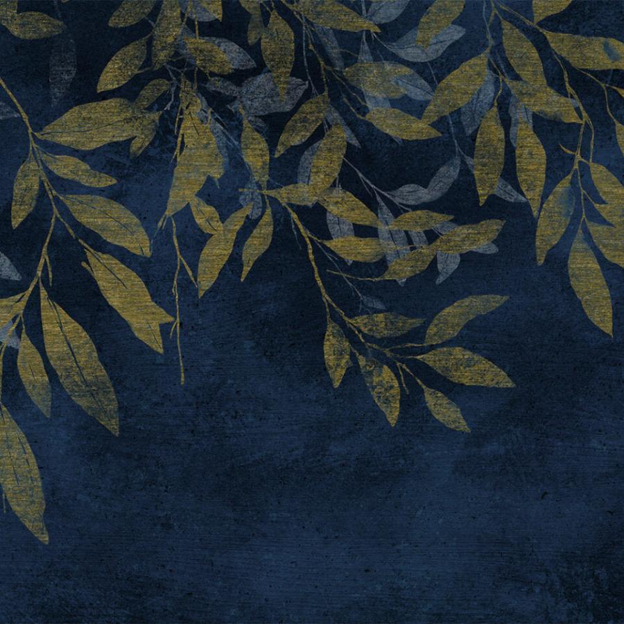 Gold Twigs Beige Wandmotiv mit dunkelblauem Hintergrund und goldenen Zweigen; k'moor walldesign Essence Produktbild