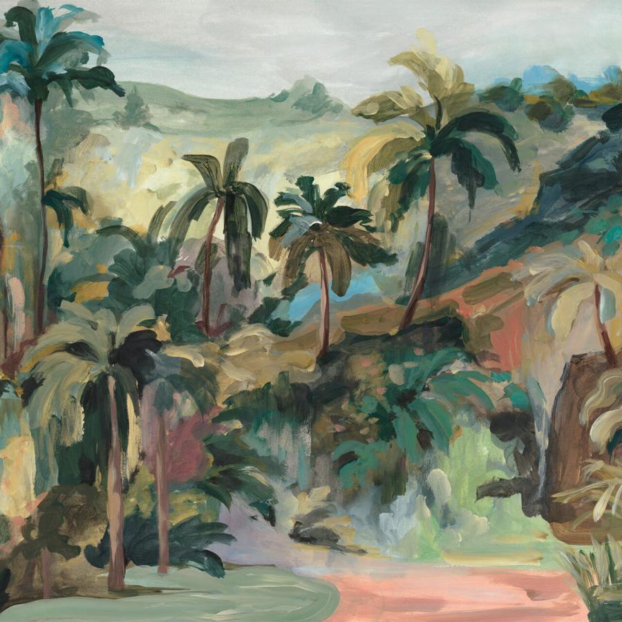 Verdant Mirage Color zeigt eine tropische Palmenlandschaft in grünen und beigen Farbtönen; k'moor walldesign präsentiert das Essence-Wanddesign mit warmer Naturlandschaft
