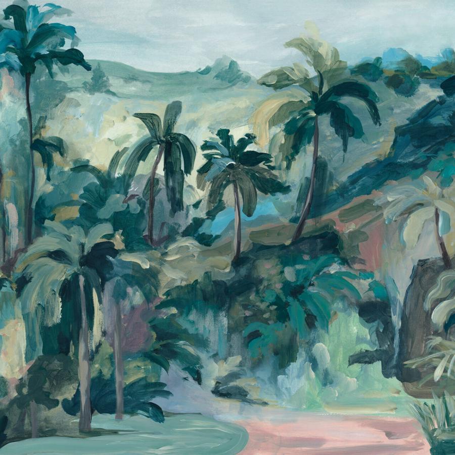 Verdant Mirage Fresh Tropische Palmenlandschaft in grünen Farbtönen, exotische Pflanzen, sanfte Hügel im Hintergrund; Wanddesign aus der Essence Kollektion von k'moor