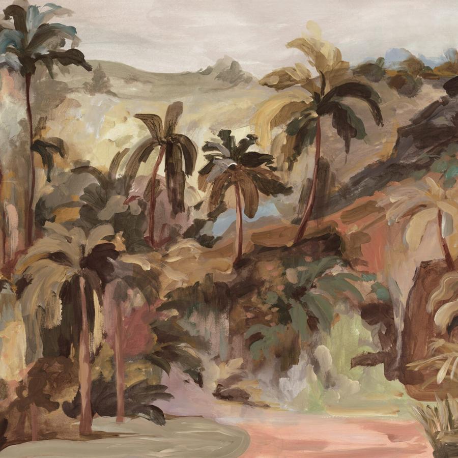 Verdant Mirage Warm tropische Palmenlandschaft in warmen Nuancen, k-moor walldesign Essence Produktbild – exotische Vegetation und sanfte Farbtöne