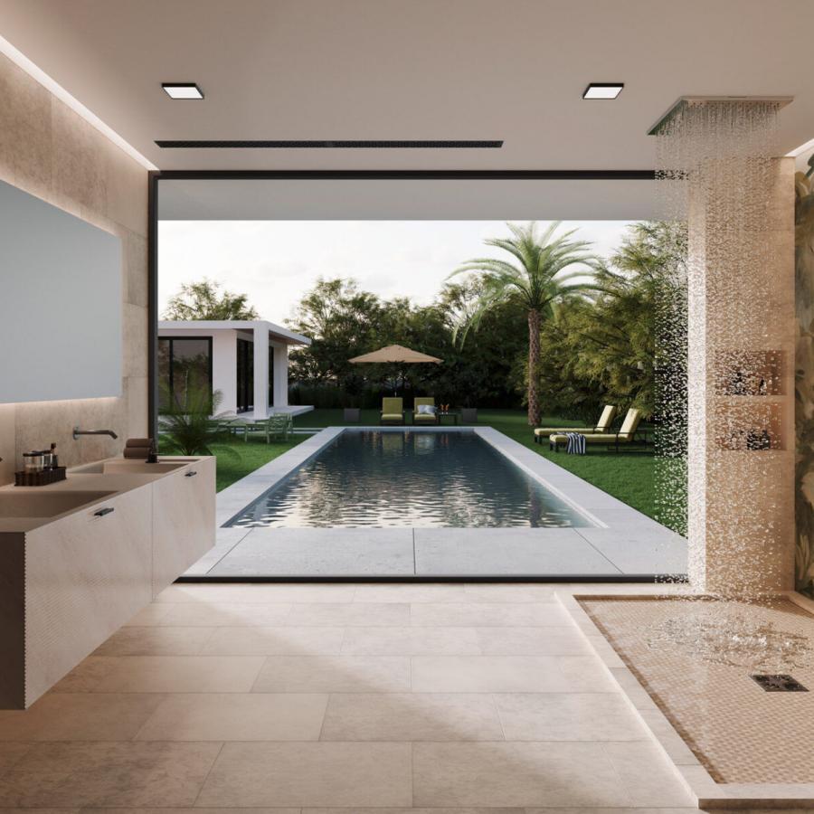 Verdant Mirage Light Innenraumszene mit warmen Nuancen, naturnahen Farben und Palmenmotiven, Blick durch offenes Raumdesign auf Poolgarten