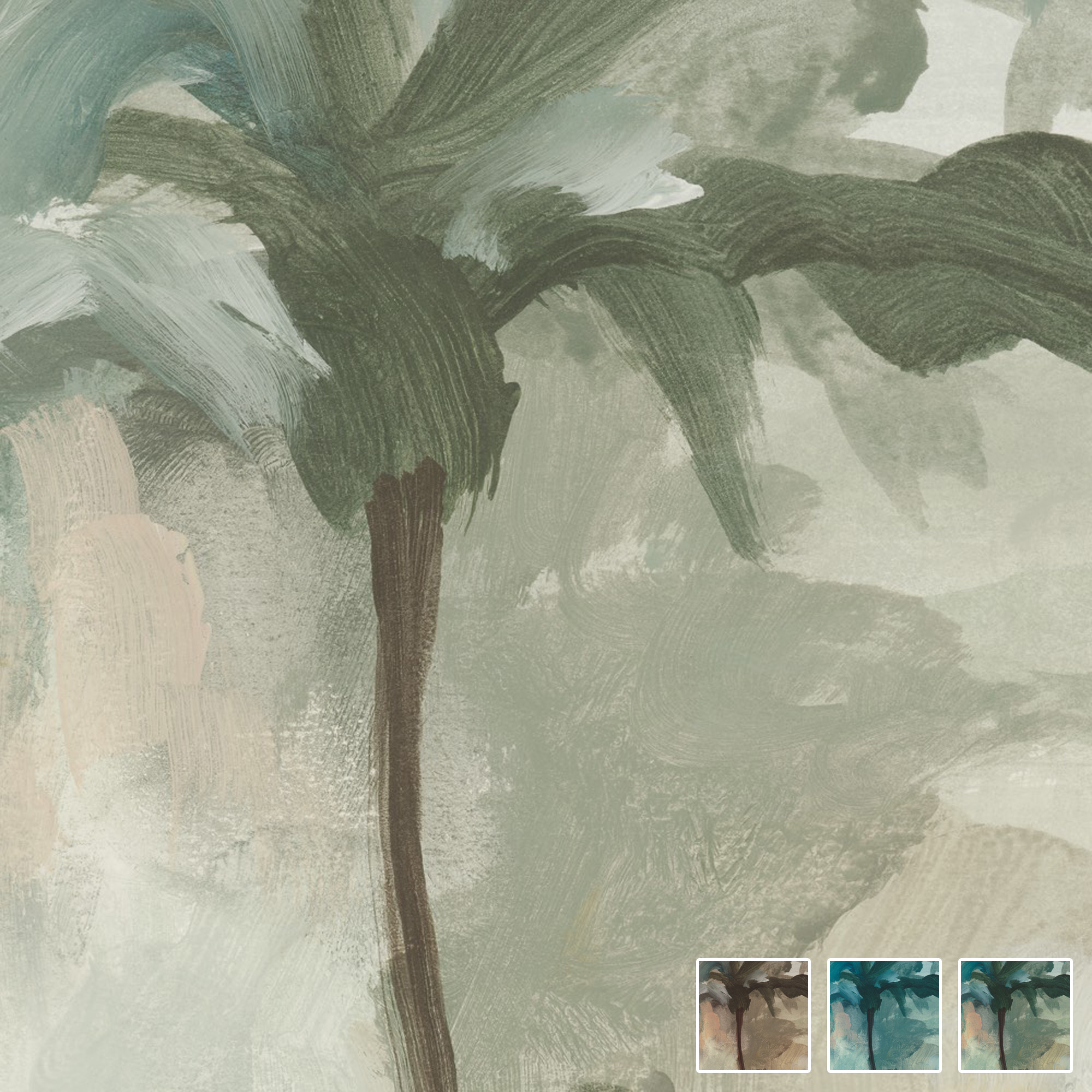 Exotische Palmenwälder mit filigranen Silhouetten und warmen, salbeigrünen Nuancen im Wanddesign Verdant Mirage Light