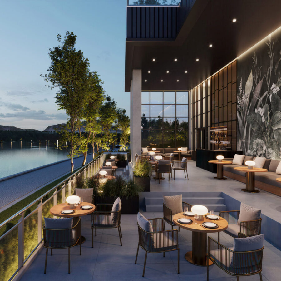 Dry Botanic Wanddesign mit großformatig monochromer Blattstruktur an einer hotelartigen Loungefläche am Wasser, abends beleuchtet