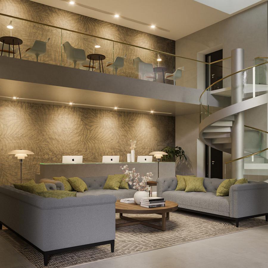 Weaves Gold Interieur-Wanddesign in einer eleganten Lobby: graue Polstermöbel, goldene Akzente, texturierte Wand, Glas-Sichtschutz und eine spiralförmige Treppe