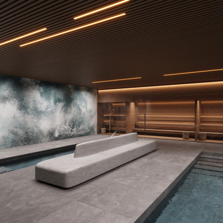 021 m Meltemi Blue Interieur Wellnessbad mit grauer Steinbank und Holzdecke, k'moor walldesign Essence