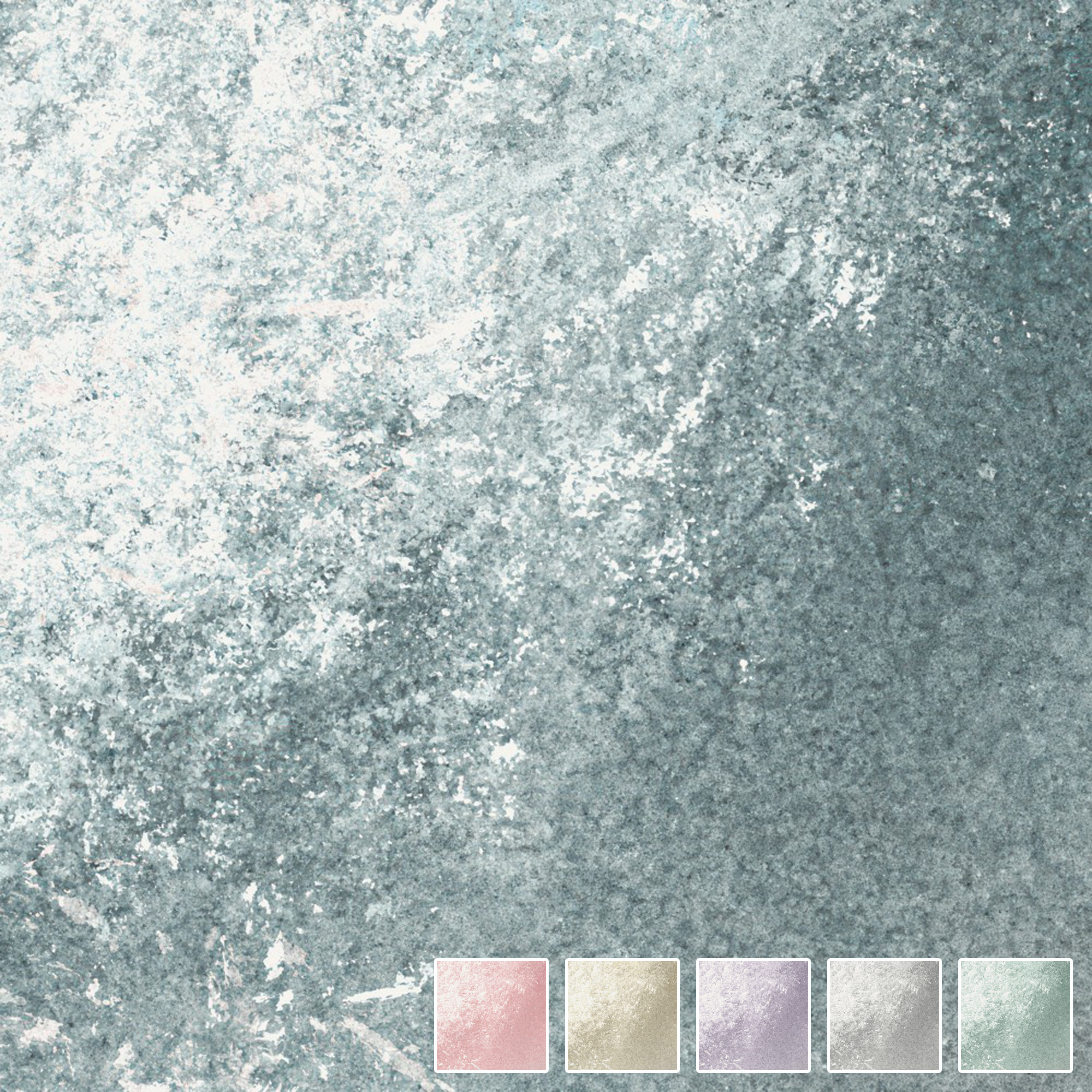 Abstraktes Wanddesign Meltemi Blue von k'moor mit blaugrüner, mineralischer Struktur und fünf Farbfeldern