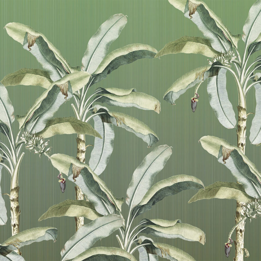 Studio Banana Velvet Green Wanddesign mit grafischem Banana-Blätter-Muster in grünem Farbverlauf, Teil der Essence Kollektion von k'moor walldesign