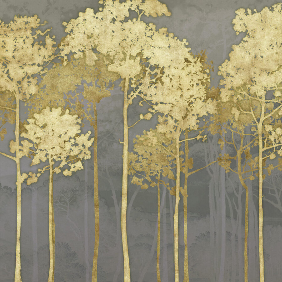 Luce di Pino Pale Pink Wandbild von k'moor walldesign zeigt eine stilisierte Waldlandschaft mit goldenen Bäumen vor grauem Hintergrund, geeignet als Gestaltungselement in langen Fluren