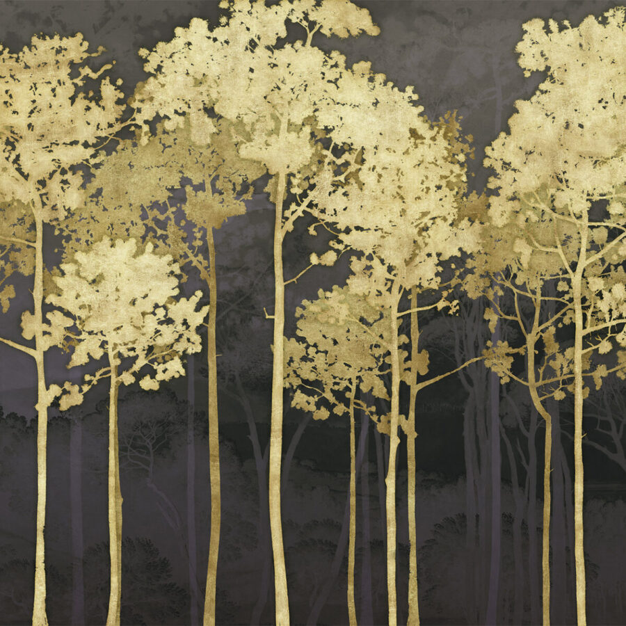 Luce di Pino Deep Purple Wandbild mit goldenen Bäumen vor dunklem Hintergrund, Teil der Essence Kollektion von k'moor walldesign