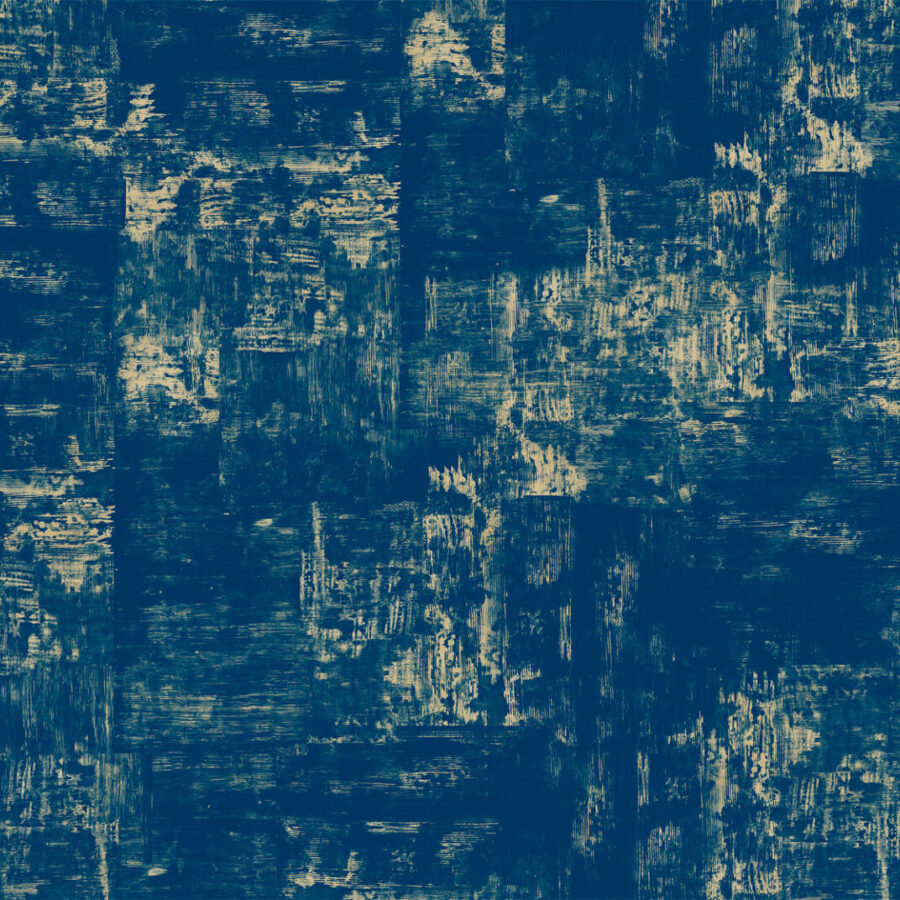 Abstrakte Wandoberfläche mit blauer Lack- bzw. Pinseltextur in Royal-Blau, goldbraunen Akzenten, wirkt wie eine künstlerische Wandgestaltung aus der Essence-Kollektion von k'moor walldesign