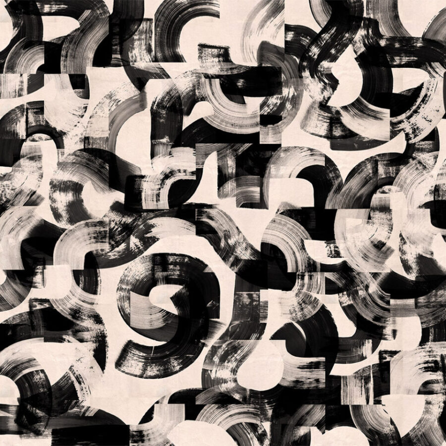 Abstraktes Schwarz-Beige Tapetenmuster Cut&Paste Freestyle von k'moor walldesign, Essence Kategorie, Wandgestaltung mit handwerklich anmutenden Pinselstrichen und tonalem Kontrast.